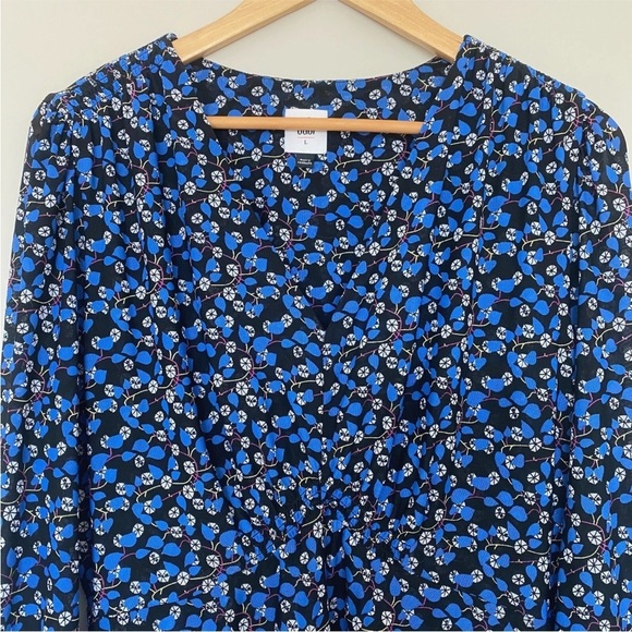 CAbi The Ten Dress Womens Large V-Neck Blue Floral Long Sleeve Lined #5772 - Picture 4 of 10